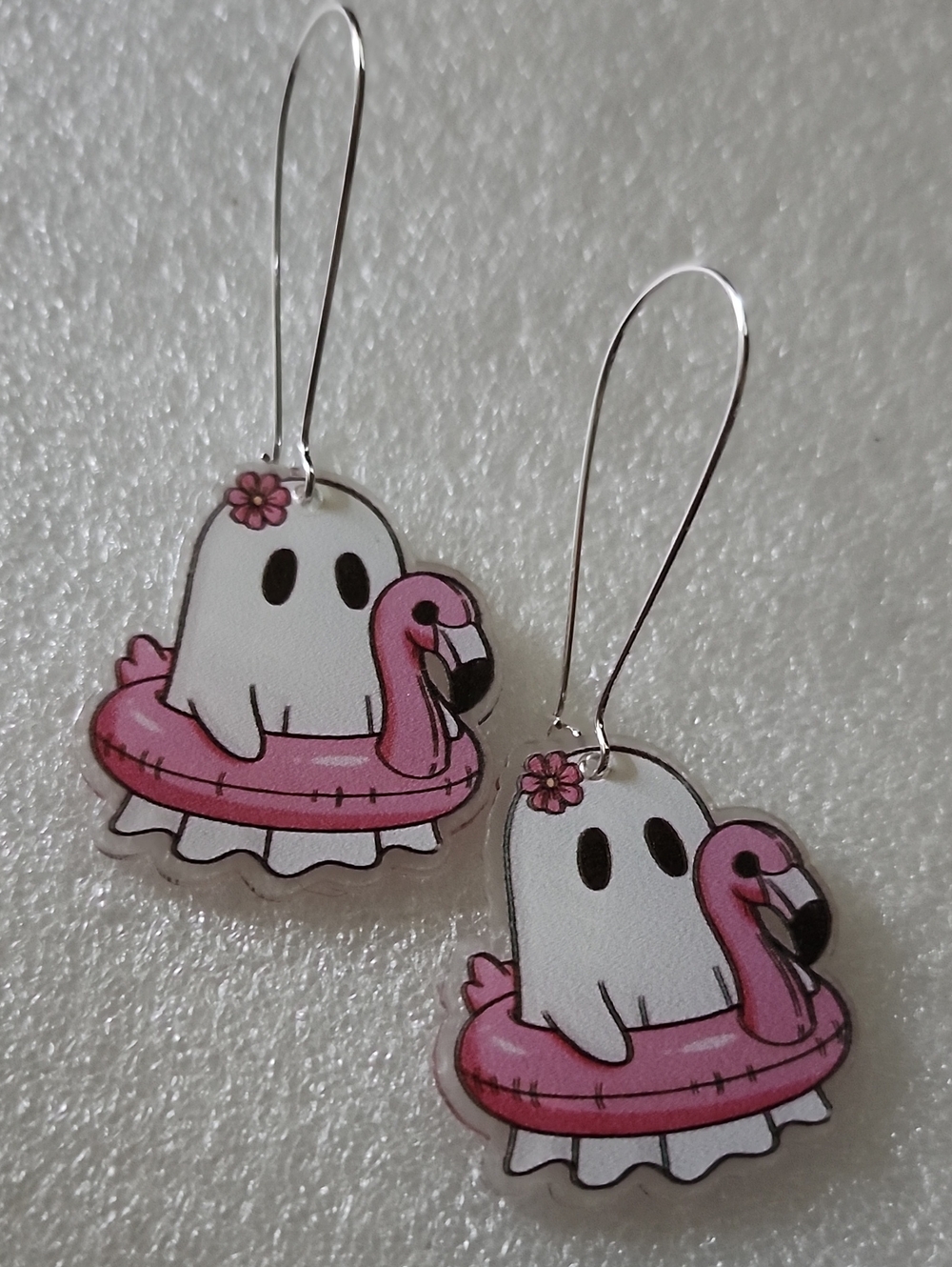 Hand Crafted White and Pink Ghost Earrings with Flamingo Float